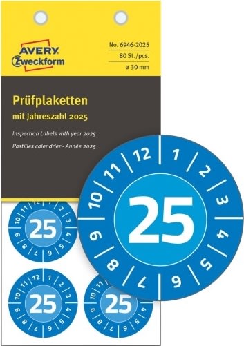 Avery Inspektionsdatoetiketter 2025, blå, Ø30mm
