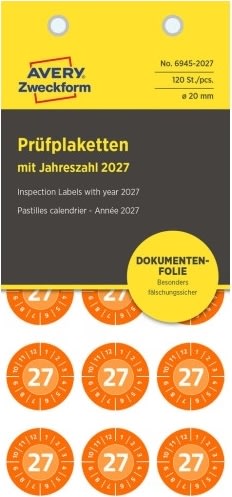 Avery Inspektionsdatoetiketter 2027, orange, Ø20mm