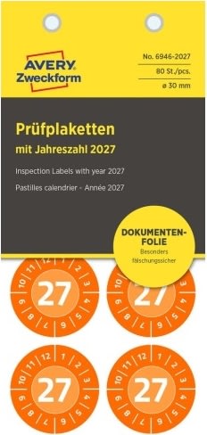 Avery Inspektionsdatoetiketter 2027, orange, Ø30mm