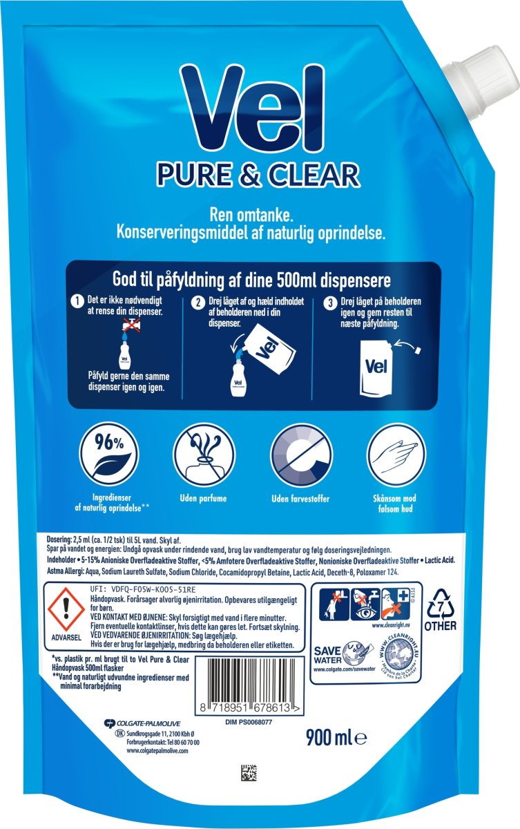 Vel Opvaskemiddel Refill, Pure & Clear, 900 ml