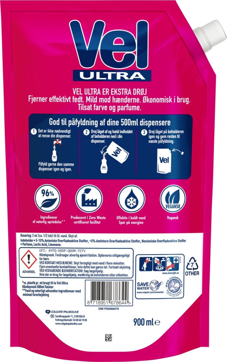 Vel Ultra Opvaskemiddel Refill, 900 ml