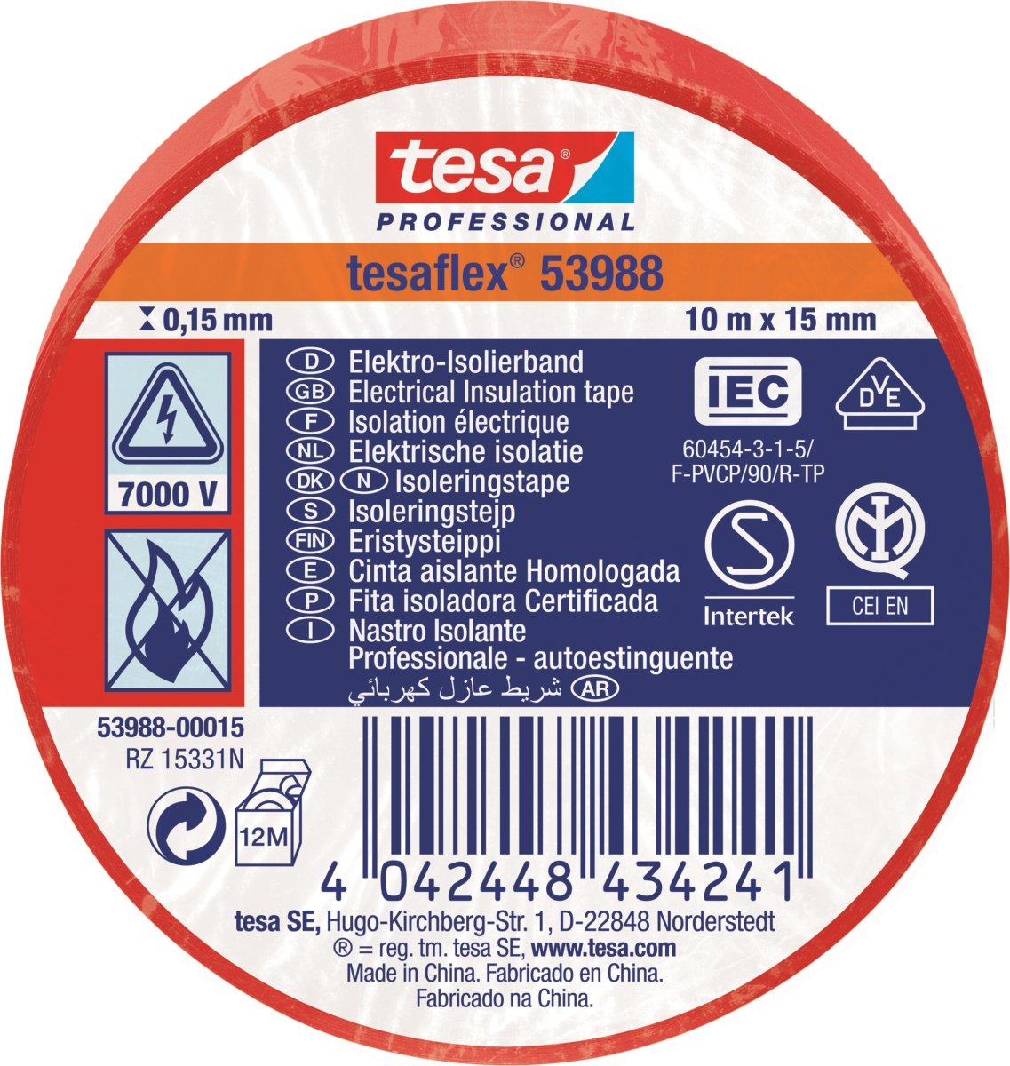 tesa Isoleringstape | 15mm x 10m | Rød