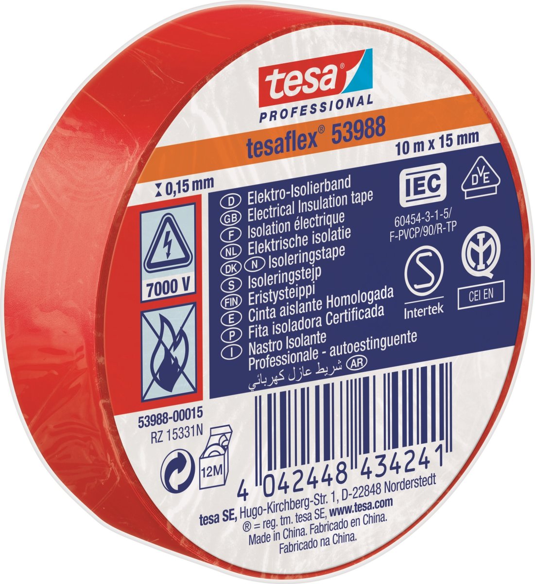 tesa Isoleringstape | 15mm x 10m | Rød