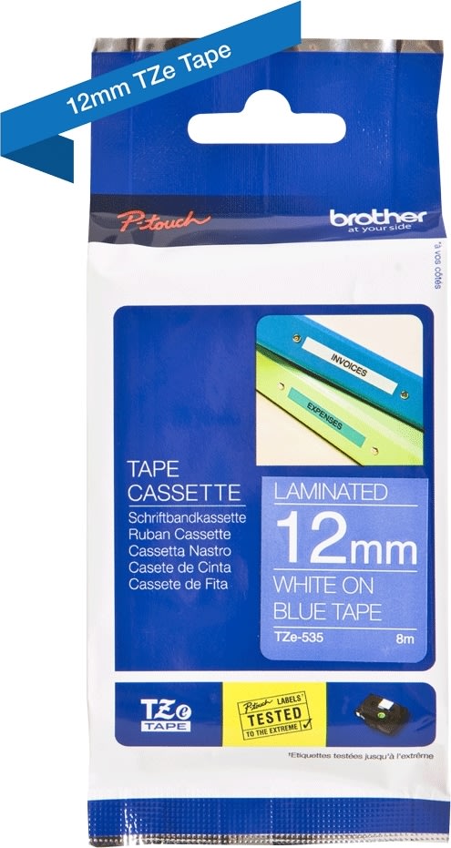 Brother TZe-535 labeltape 12mm, hvid på blå