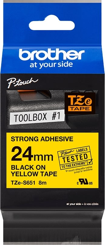 Brother TZe-S651 labeltape 24mm, sort på gul