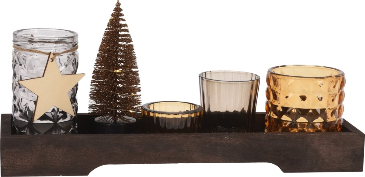 Fyrfadslys holder sæt, træ/glas