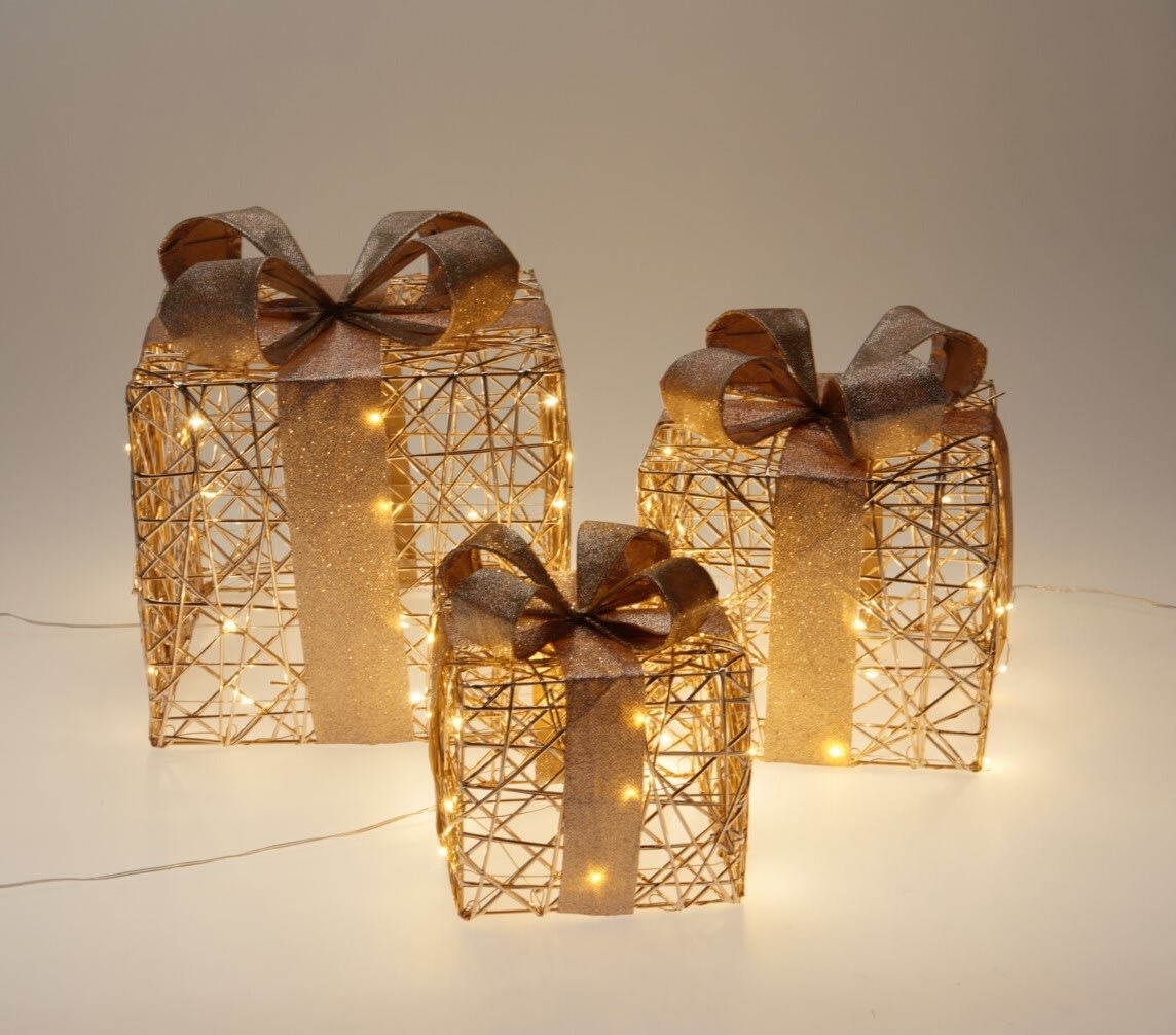 Gaveæske-sæt m. LED, 3 stk., champagneguld