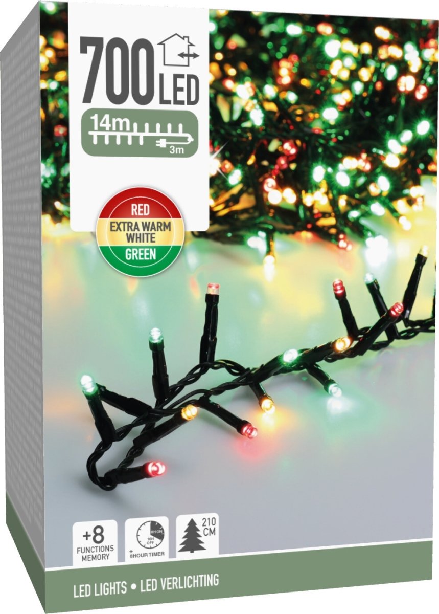 Lyskæde m/700 LED, 14 meter, flerfarvet