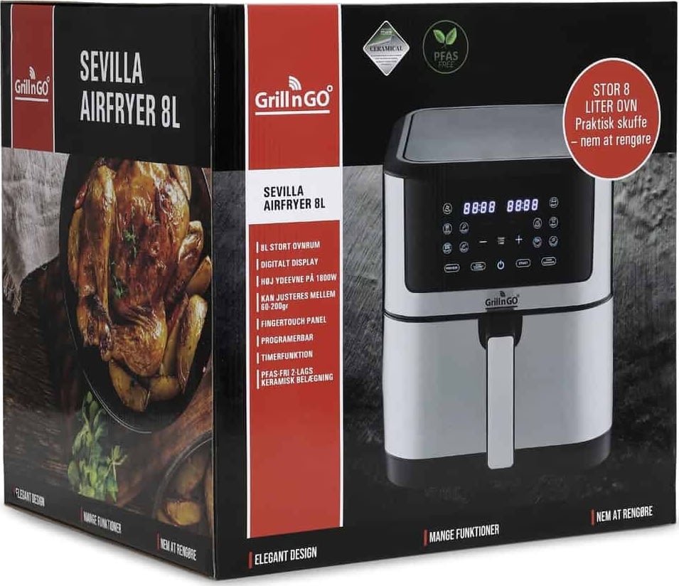 GrillnGO Airfryer 8L, 1800W, sort/sølv