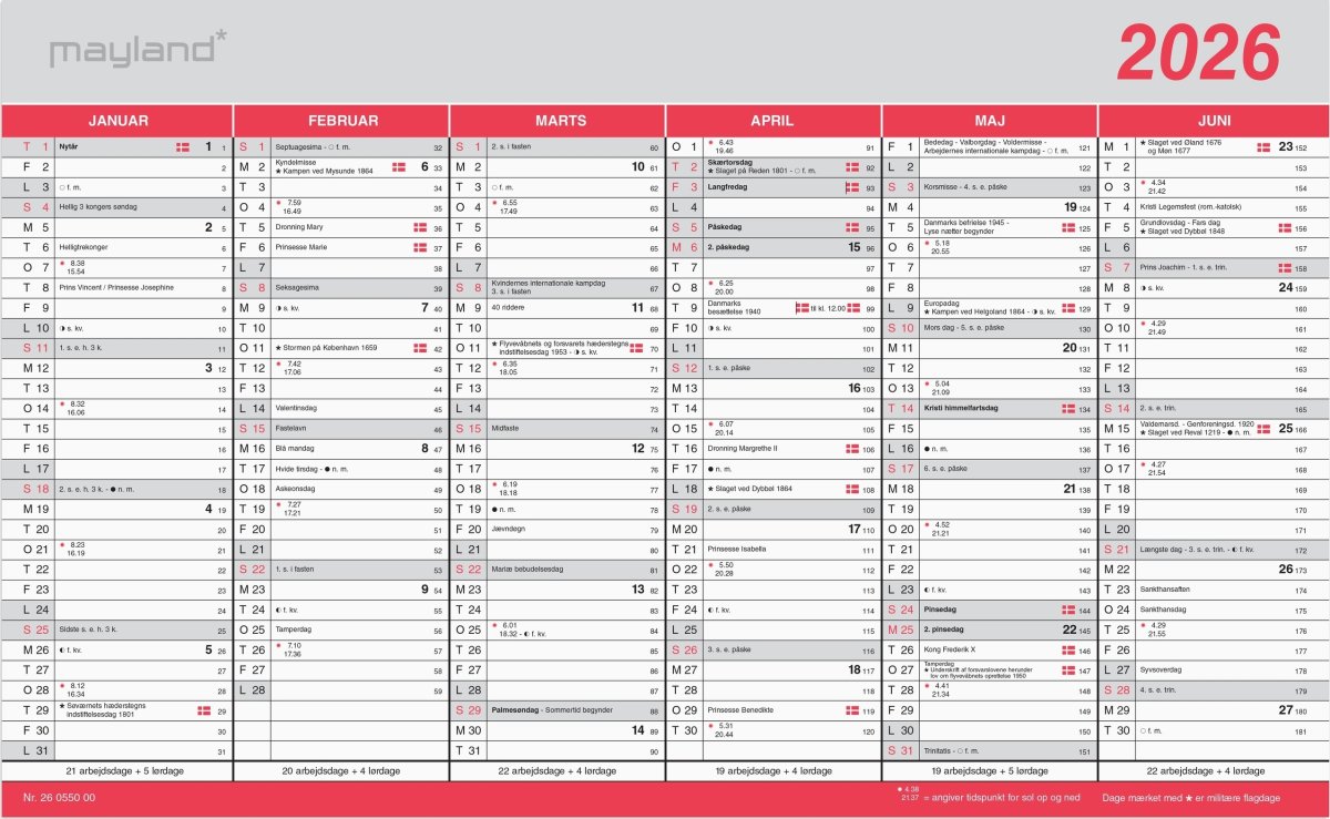 Mayland 2026 Kontorkalender m. flagdage