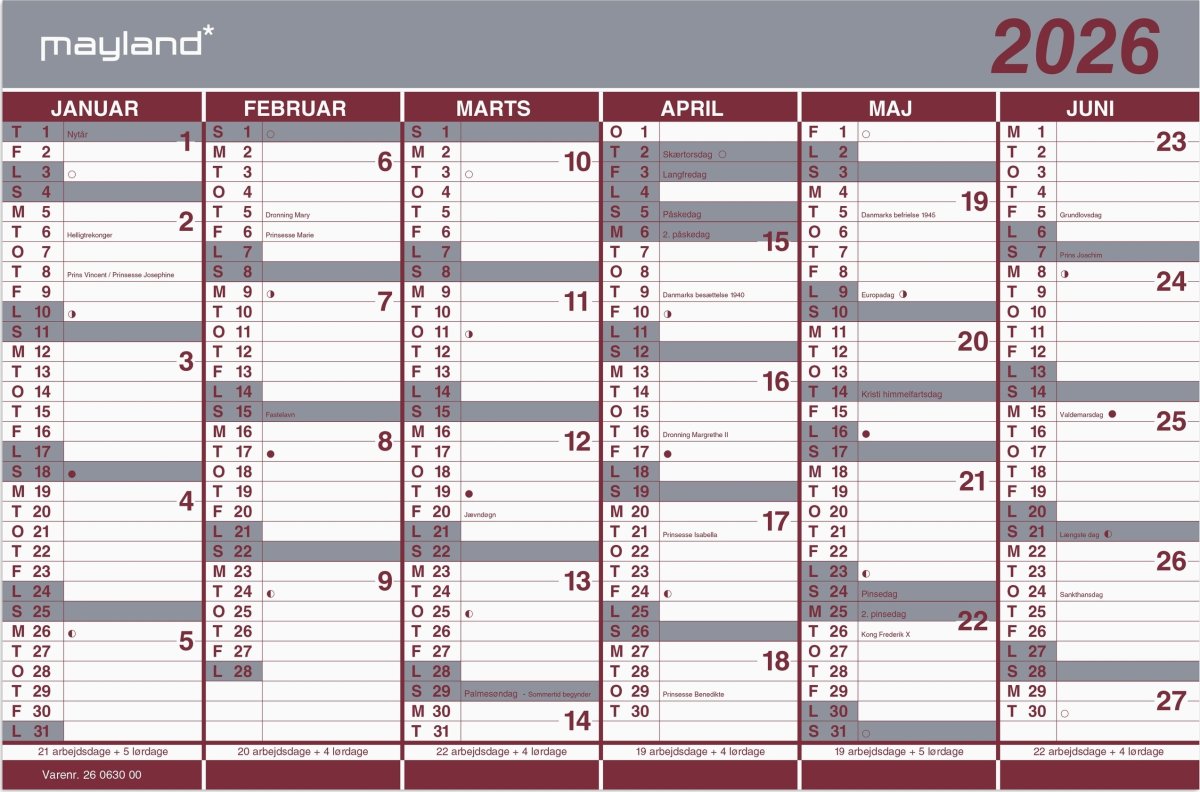 Mayland 2026 Dobbelt halvårskalender