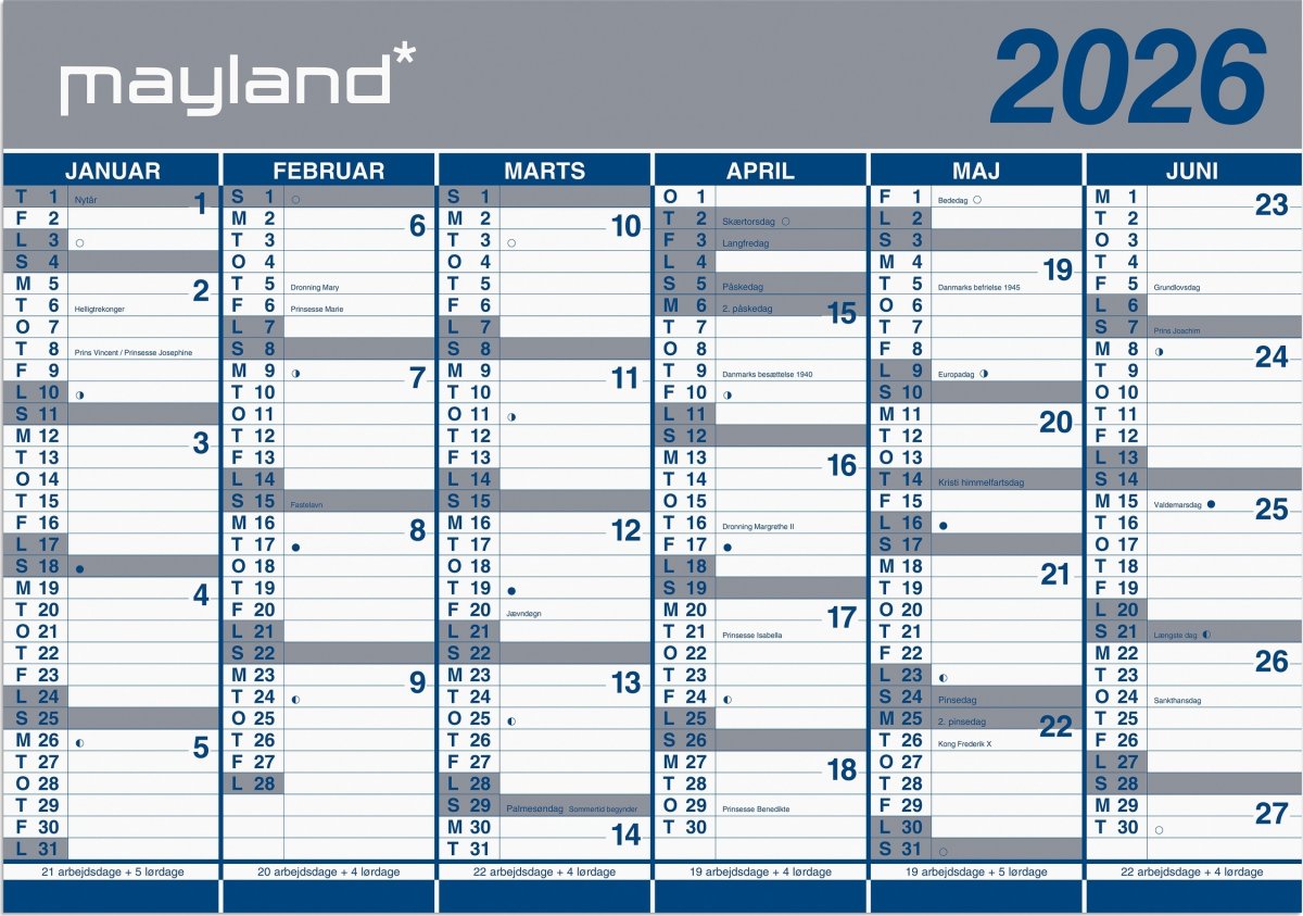 Mayland 2026 Kæmpekalender, papir, 2x6 mdr.