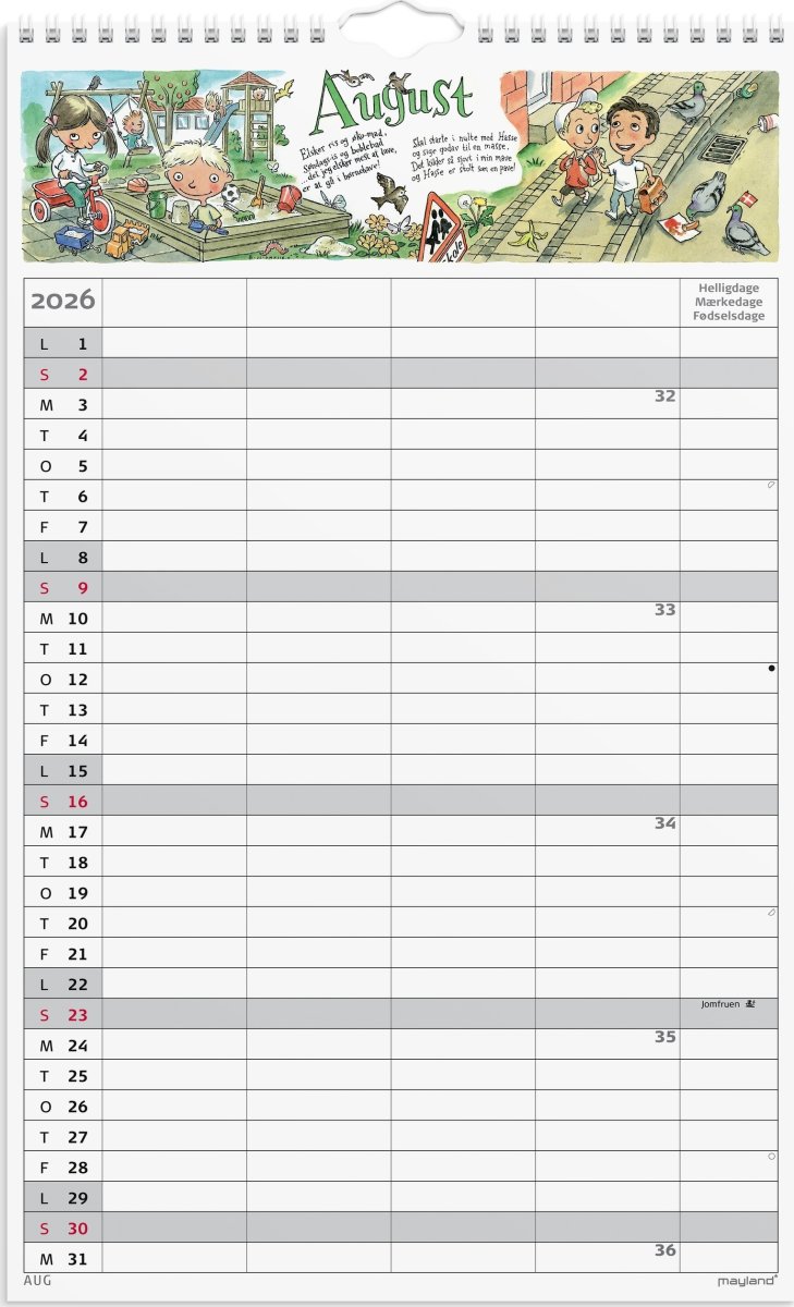 Mayland 2026 Familiekalender m. stickers, 4 kol.