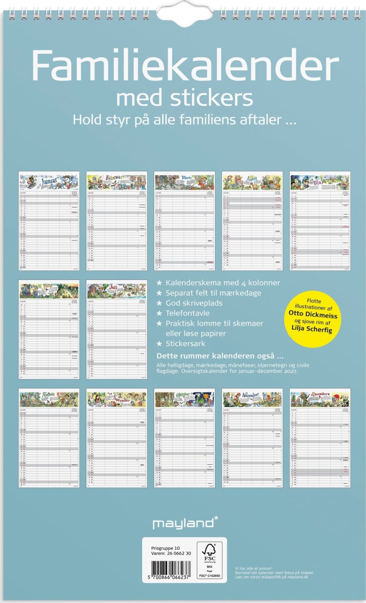 Mayland 2026 Familiekalender m. stickers, 4 kol.