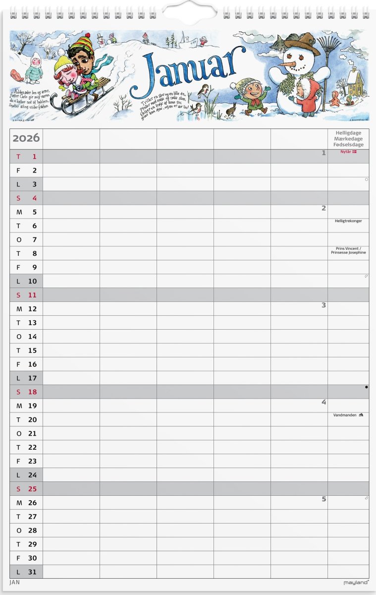 Mayland 2026 Familiekalender m. stickers, 5 kol.