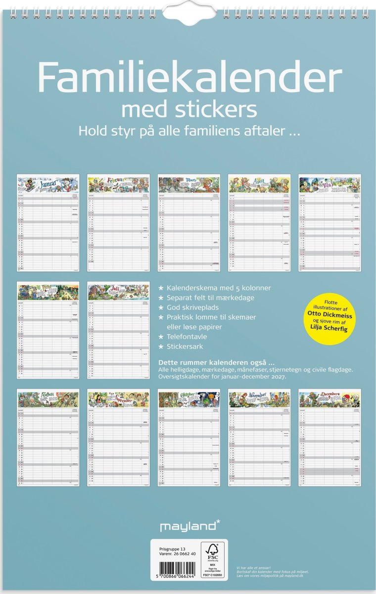 Mayland 2026 Familiekalender m. stickers, 5 kol.