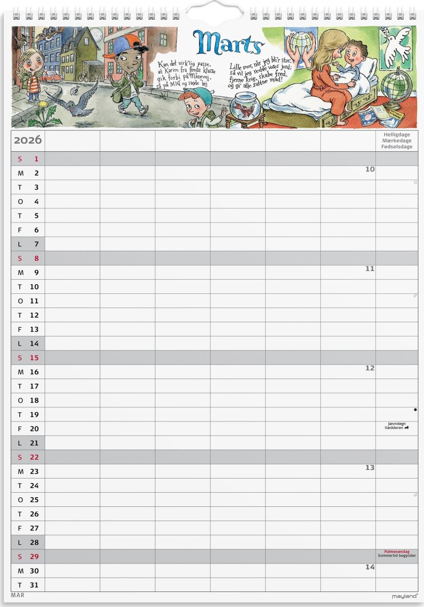 Mayland 2026 Familiekalender m. stickers, 6 kol.