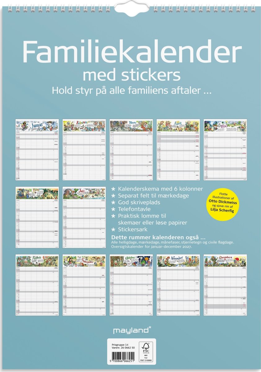 Mayland 2026 Familiekalender m. stickers, 6 kol.
