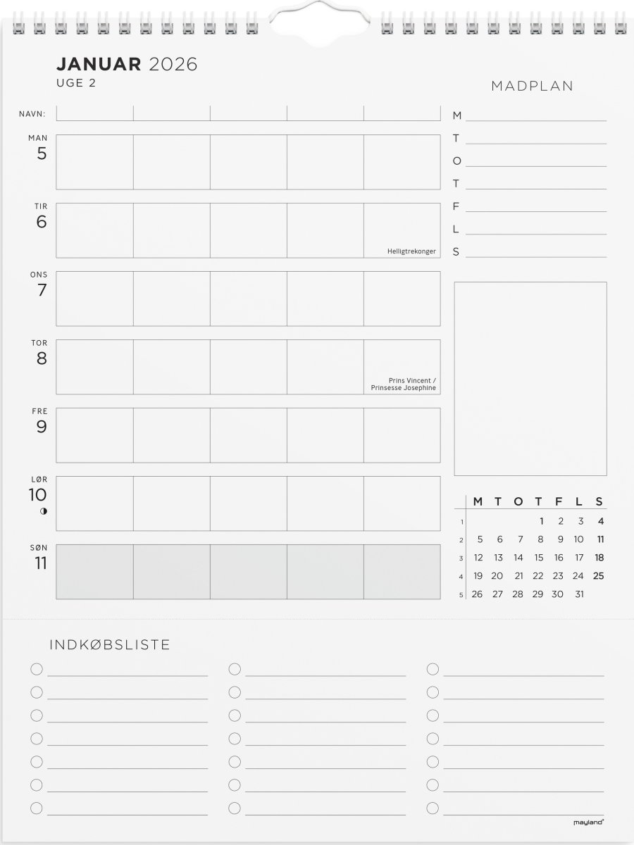 Mayland 2026 Familiekalender Ugeplan m. lister