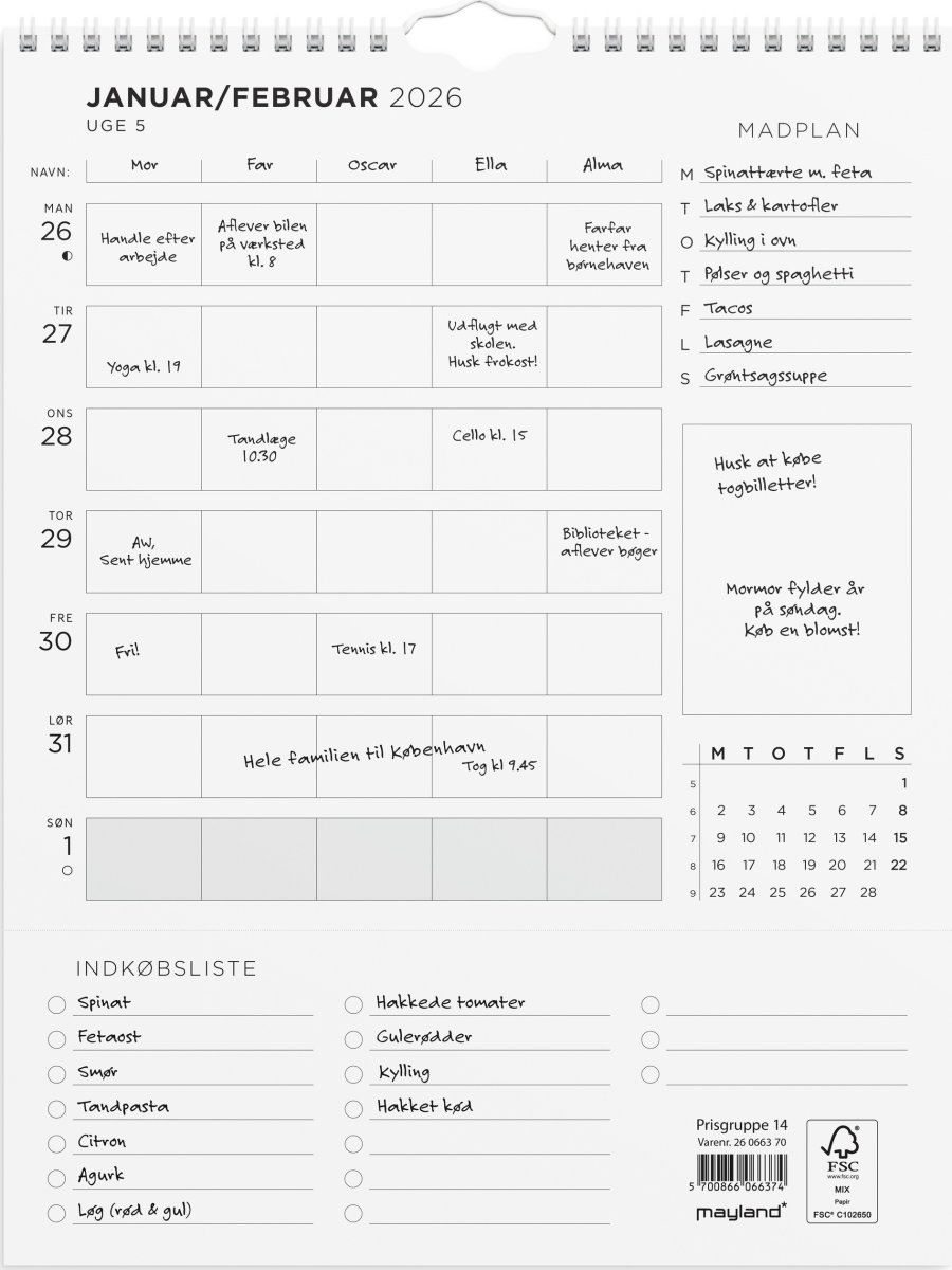 Mayland 2026 Familiekalender Ugeplan m. lister