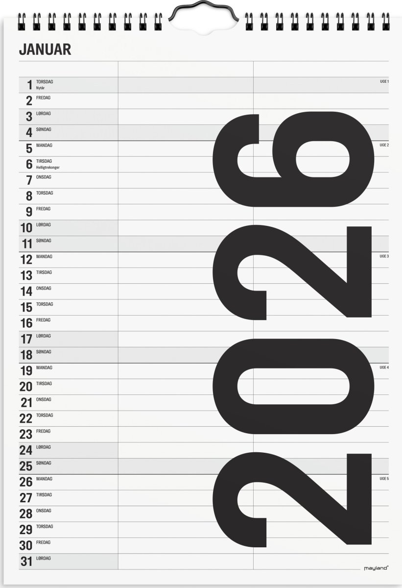 Mayland 2026 Familiekalender Black & White, 2 kol.