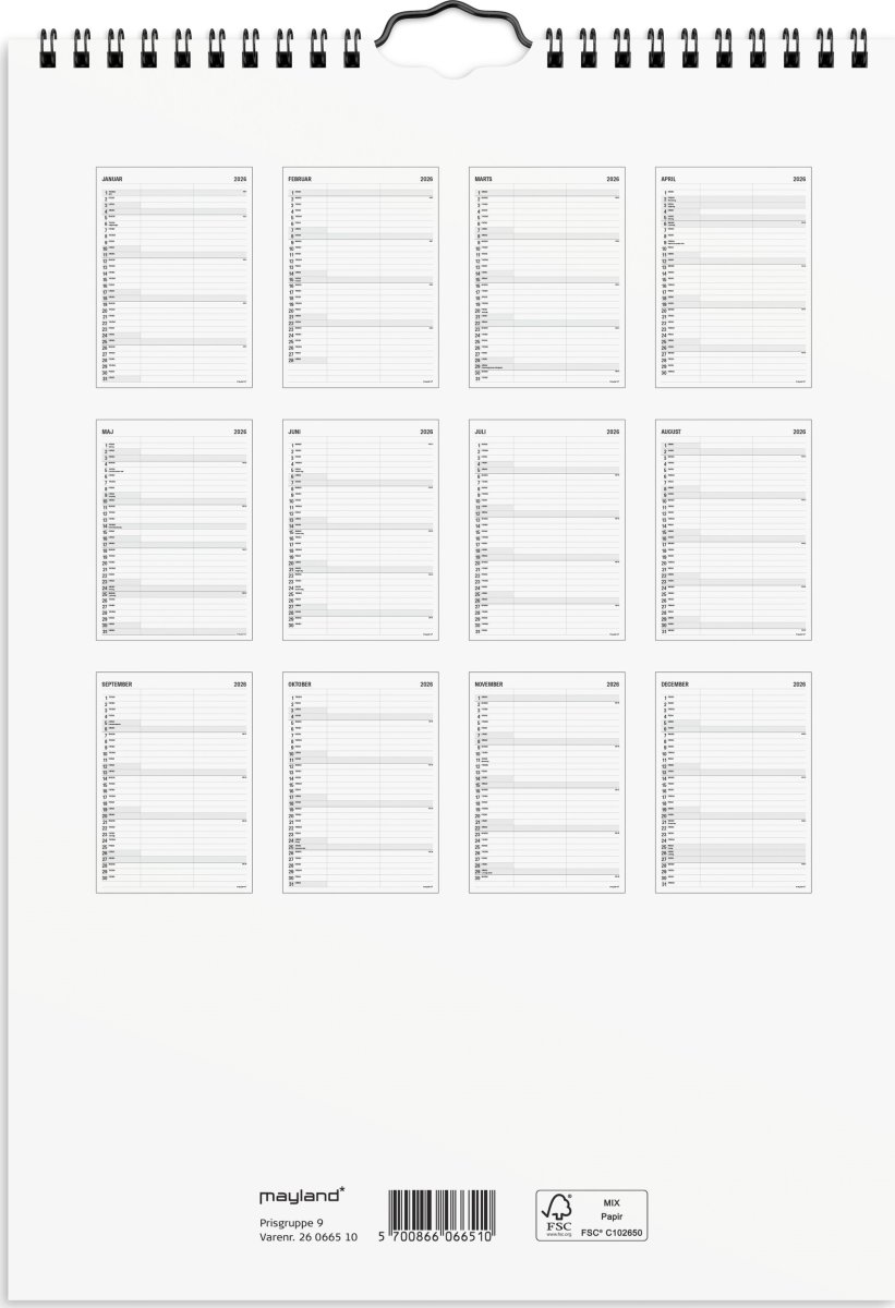 Mayland 2026 Familiekalender Black & White, 2 kol.