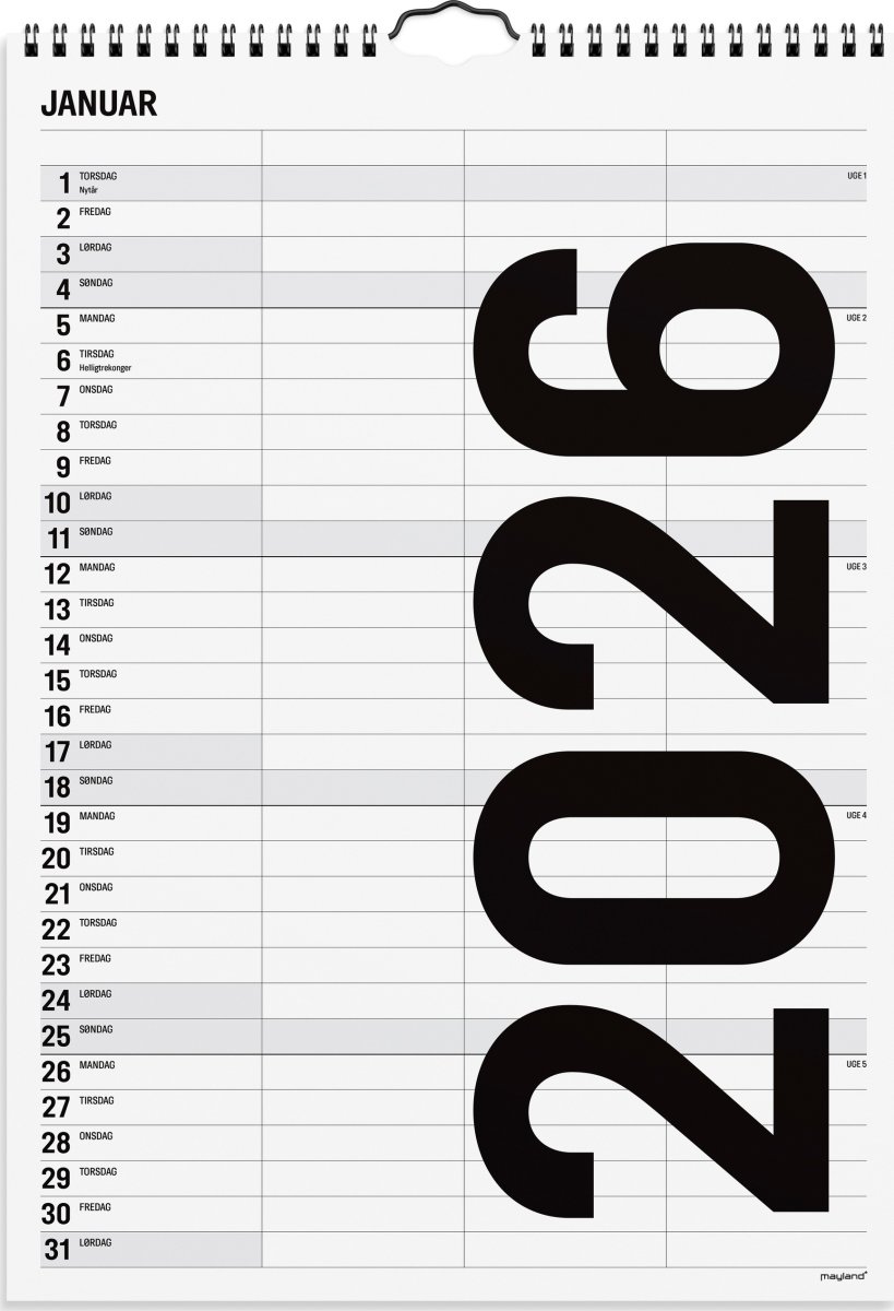 Mayland 2026 Familiekalender Black & White, 3 kol.