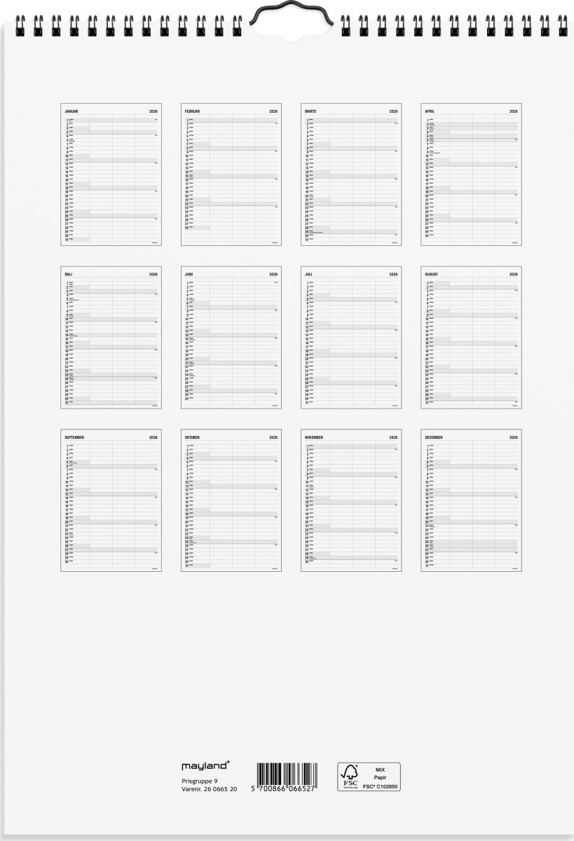 Mayland 2026 Familiekalender Black & White, 3 kol.