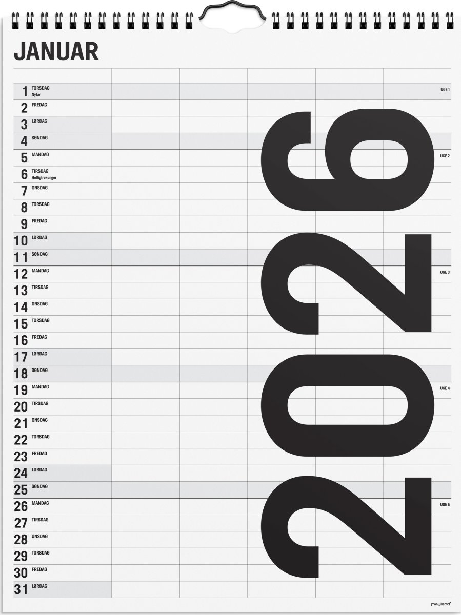 Mayland 2026 Familiekalender Black & White, 5 kol.