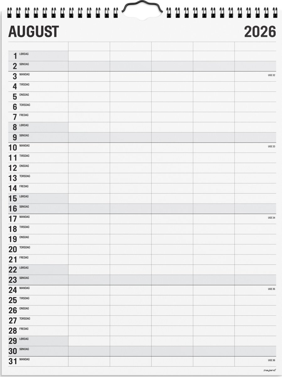 Mayland 2026 Familiekalender Black & White, 5 kol.