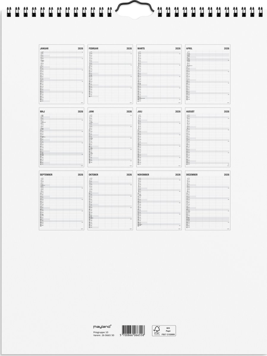 Mayland 2026 Familiekalender Black & White, 5 kol.