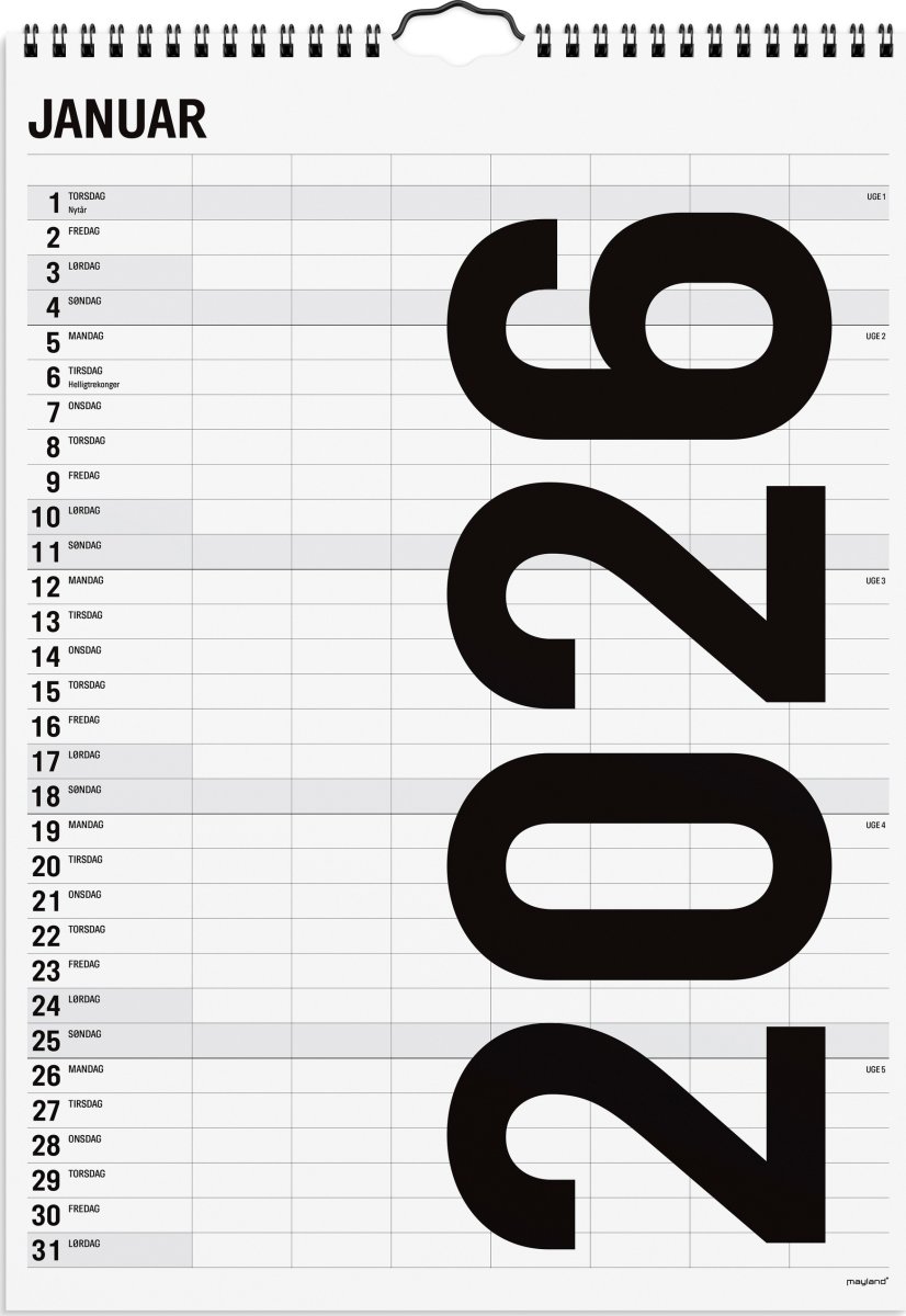Mayland 2026 Familiekalender Black & White, 7 kol.