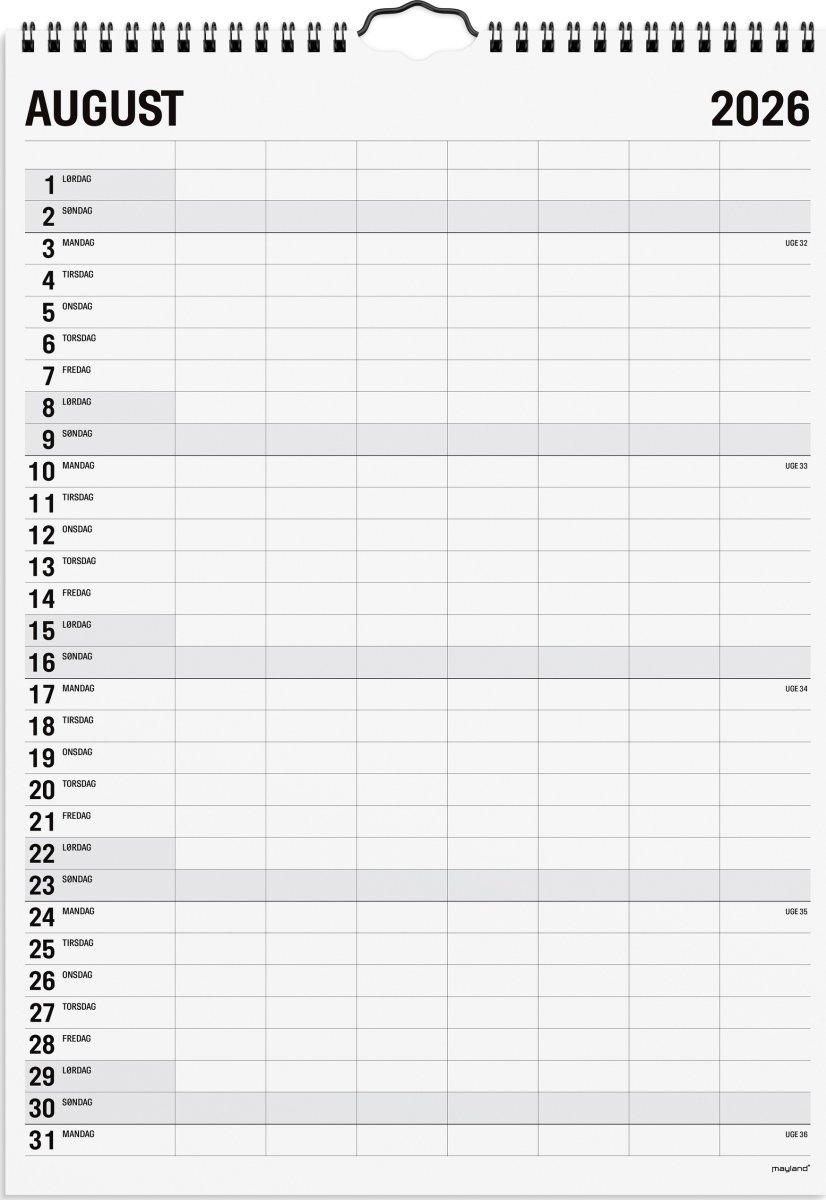 Mayland 2026 Familiekalender Black & White, 7 kol.