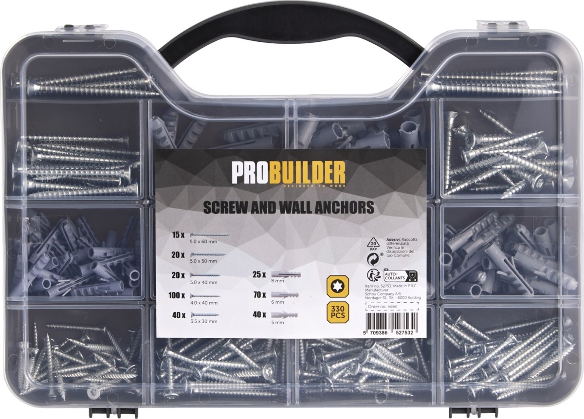 Probuilder Spånpladeskruesæt m/rawlplugs 330 dele
