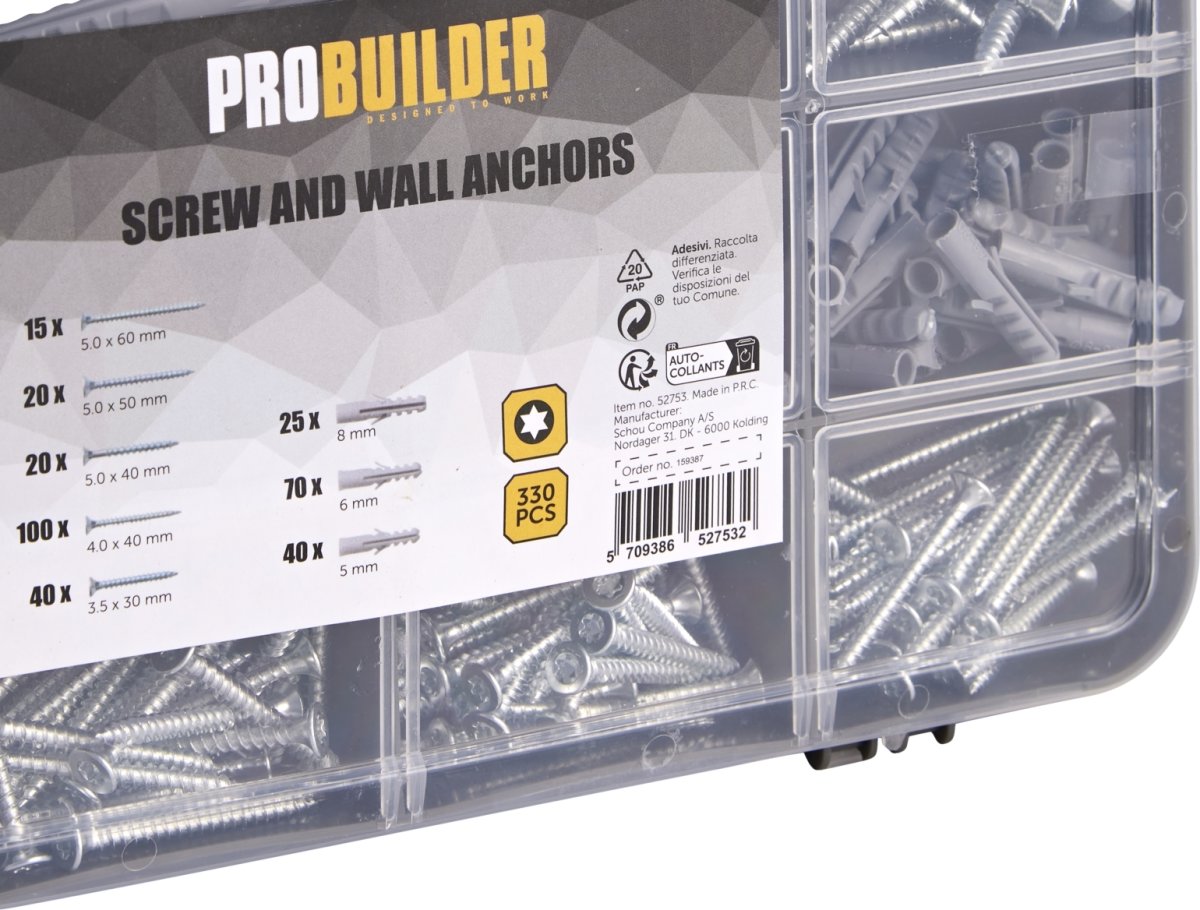 Probuilder Spånpladeskruesæt m/rawlplugs 330 dele