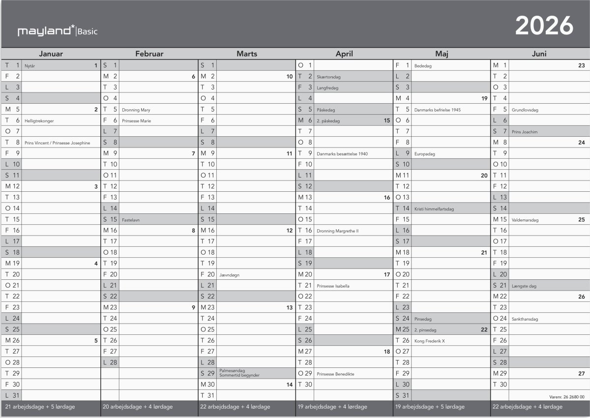 Mayland 2026 Basic Kontorkalender, A4