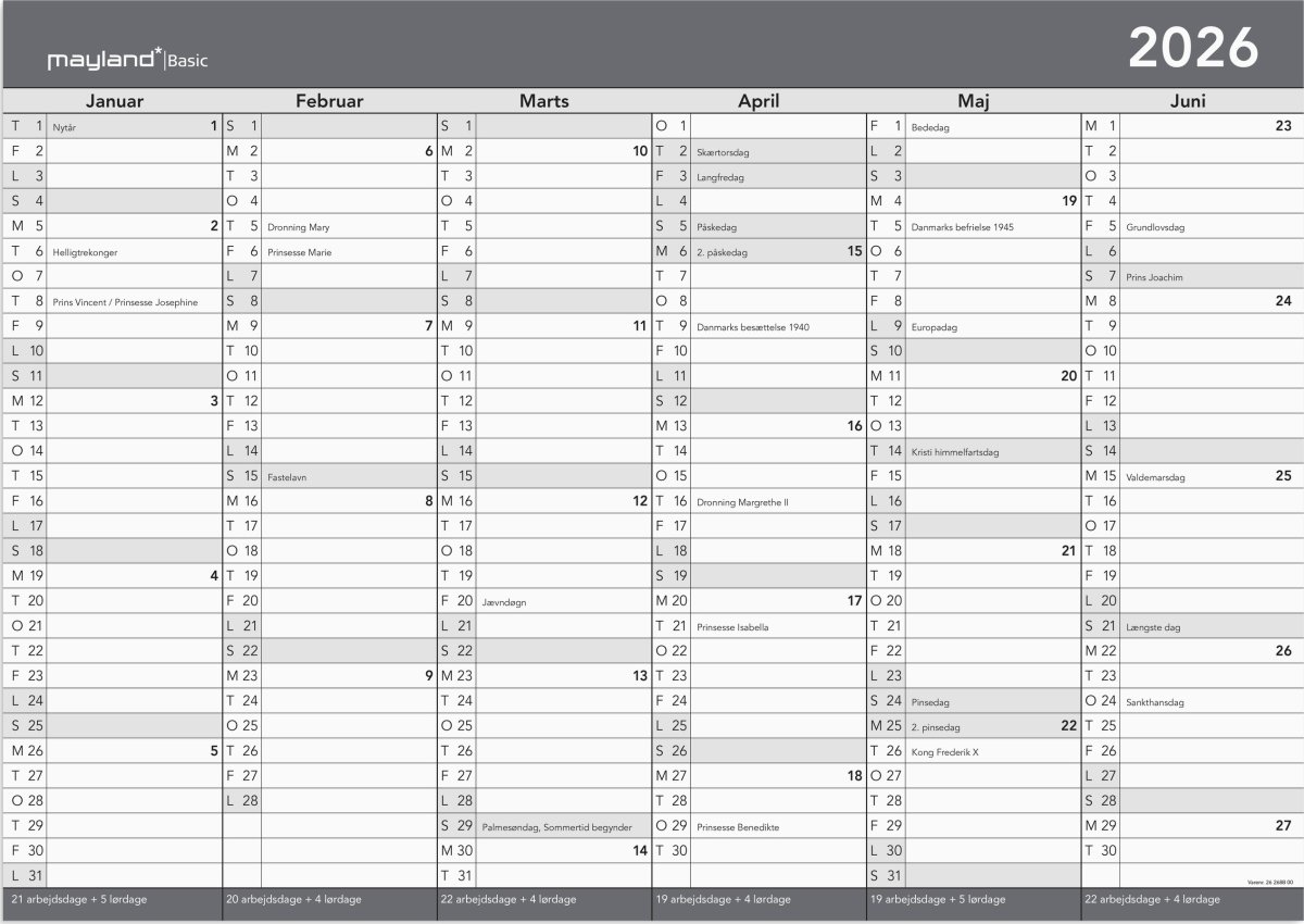 Mayland 2026 Basic Kontorkalender WB, A2