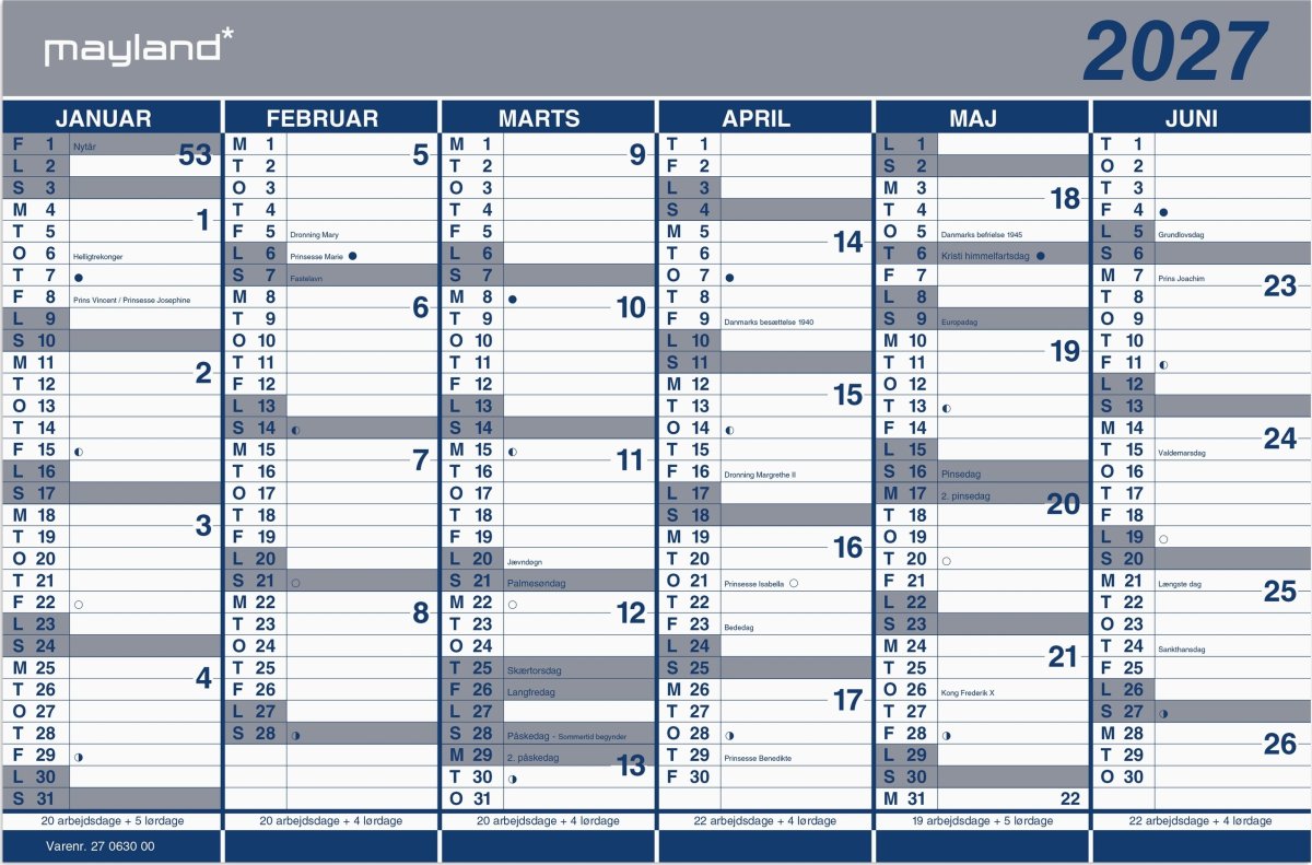 Mayland 2027 Dobbelt halvårskalender