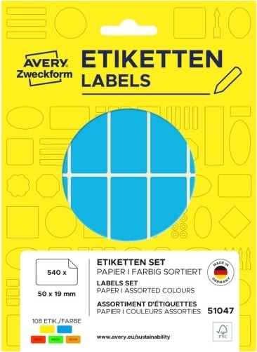 Avery 51047 Farvede etiketter, 50x19 mm, 540 stk.