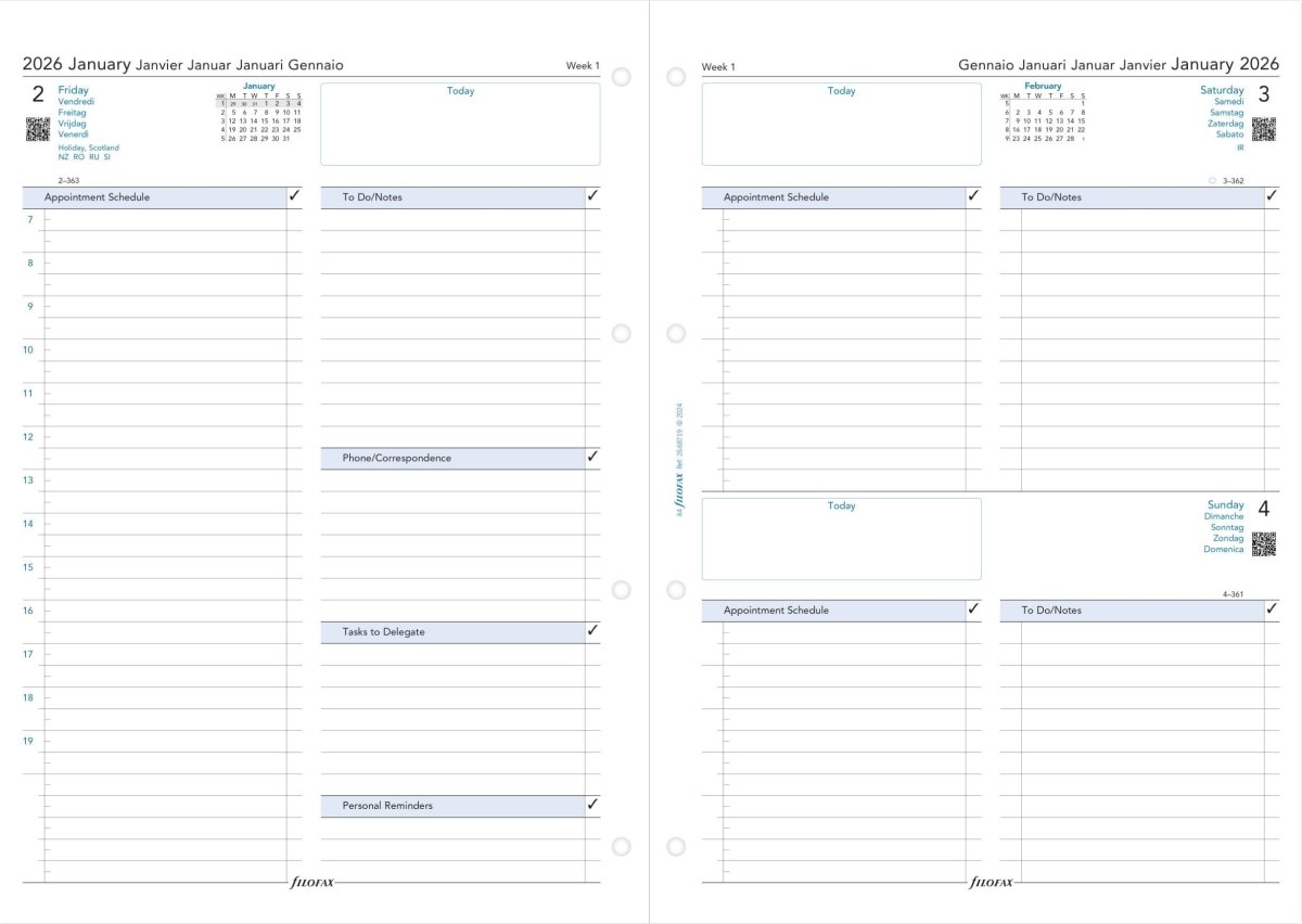 Filofax 2026 Refill | A4 | Dag | 5 sprog