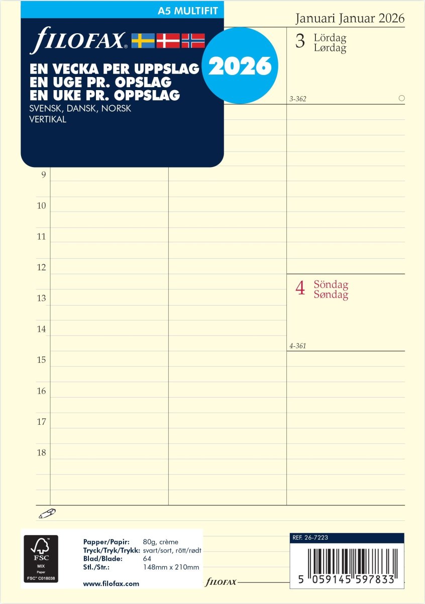Filofax 2026 Refill | A5 | Uge | Højformat