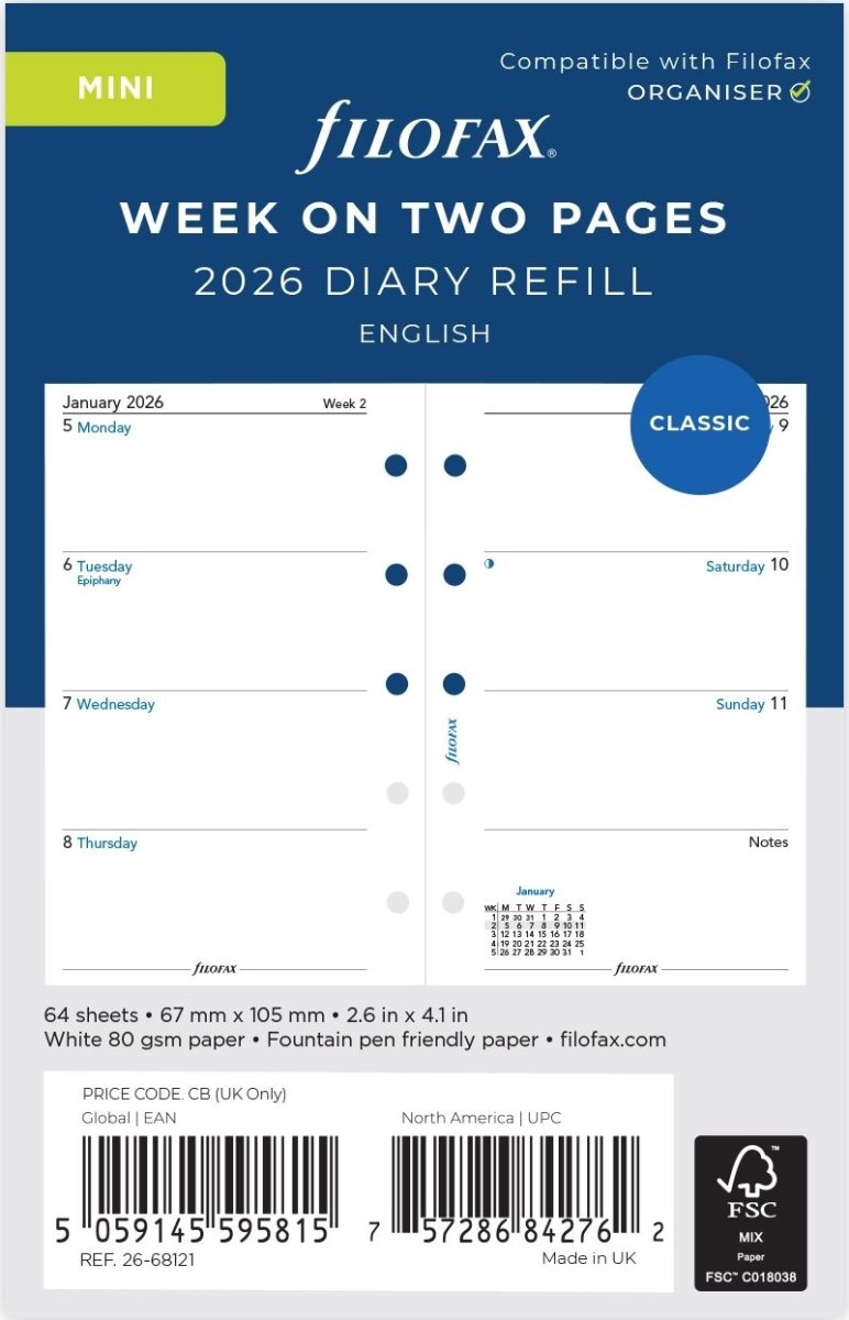 Filofax 2026 Refill | Mini | Uge | Engelsk