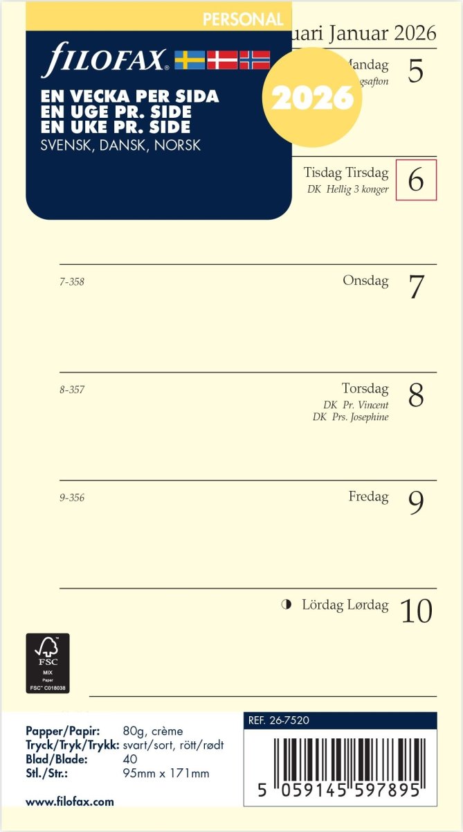 Filofax 2026 Refill | Personal | Uge