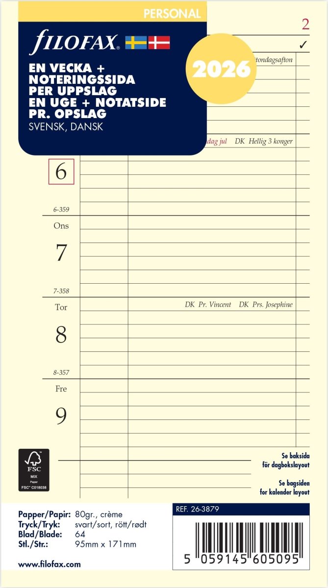 Filofax 2026 Refill | Personal | Uge + Notat