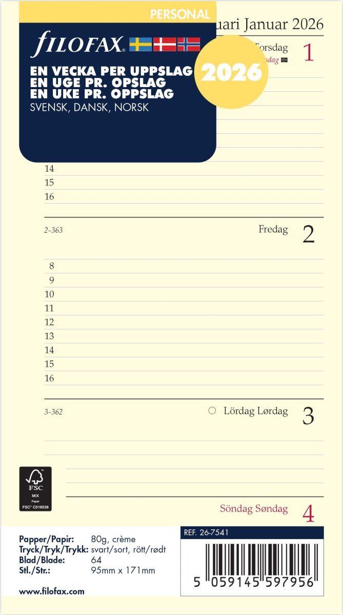 Filofax 2026 Refill | Personal | Uge | Tværformat