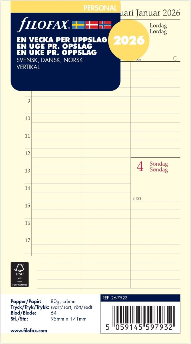 Filofax 2026 Refill | Personal | Uge | Højformat