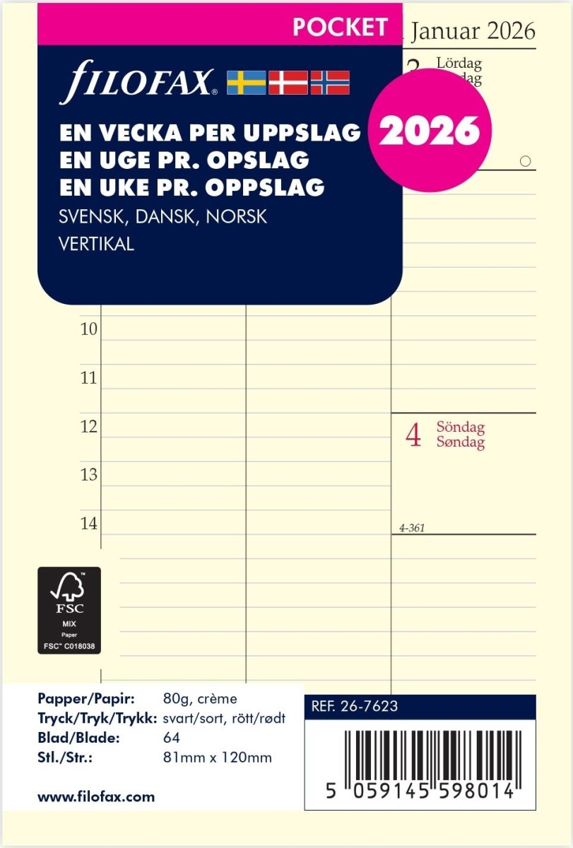 Filofax 2026 Refill | Pocket | Uge | Højformat