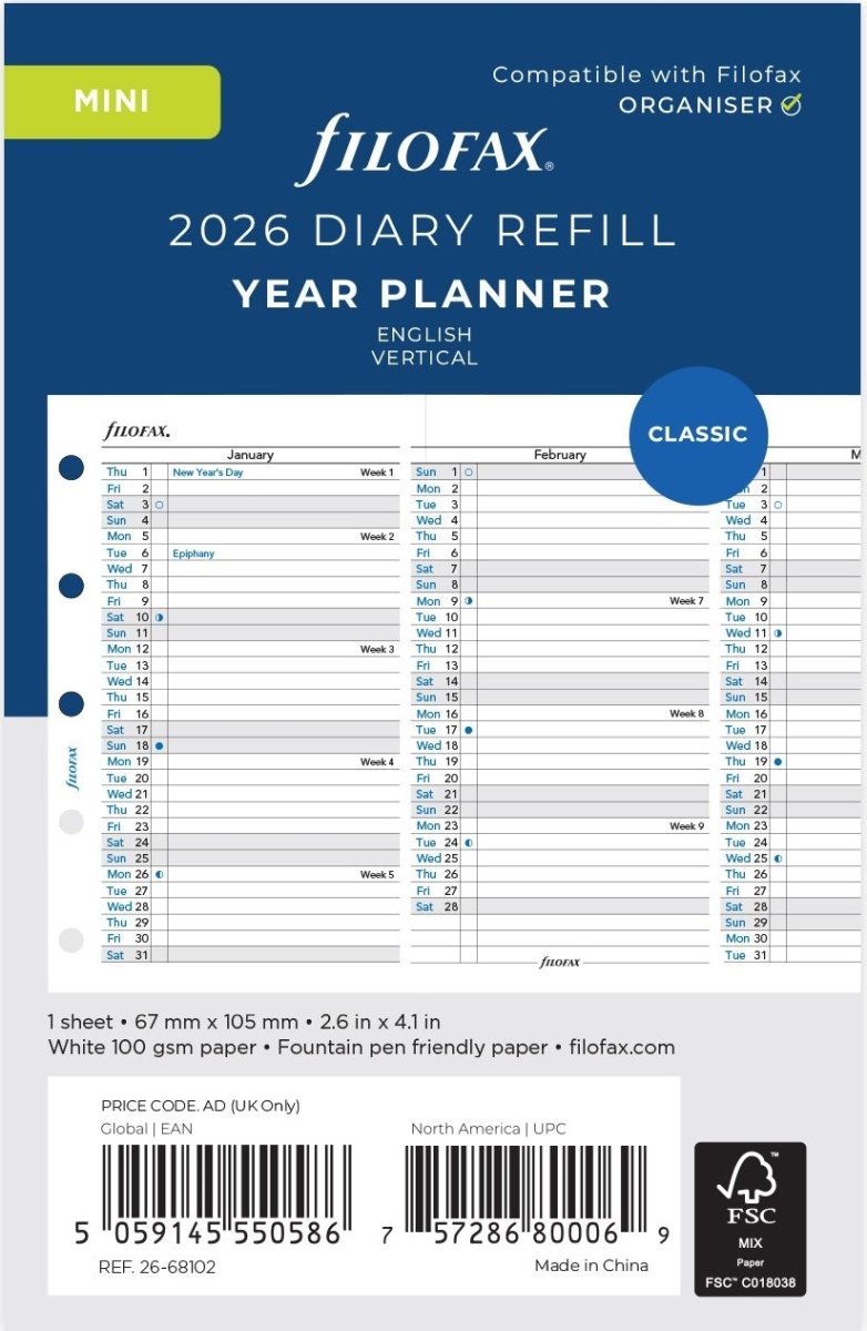 Filofax 2026 Refill | Mini | Årsplan | Engelsk