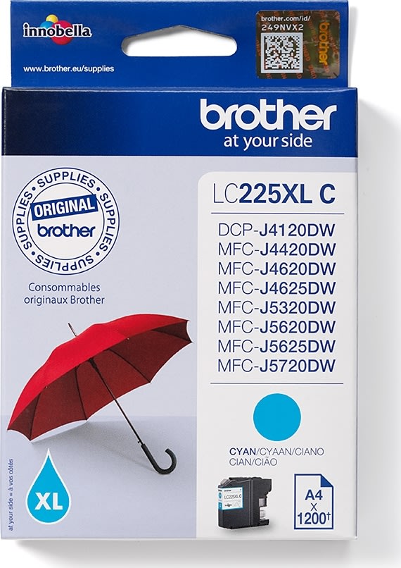 Brother LC225XLC blækpatron, cyan, 1200s