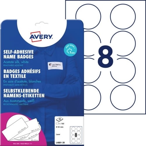 Avery L4881-20 Navnebadges, Ø 65 mm, Hvid